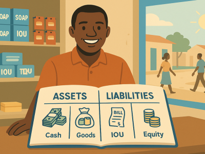 a man in a shop showing a balance sheet